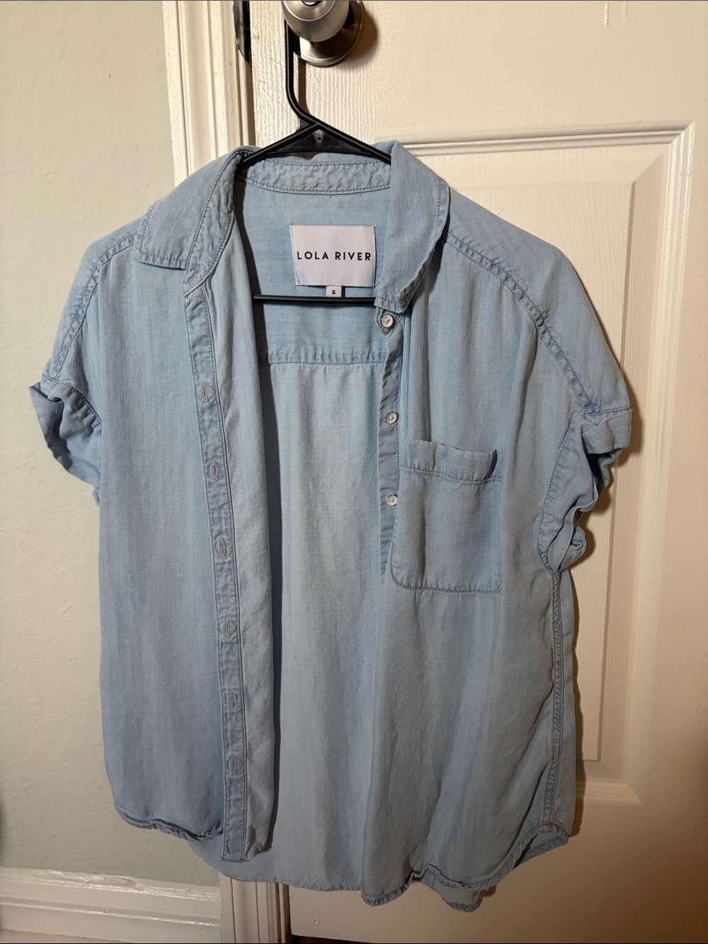 Lola River Chambray Short Sleeve Button-Down Shirt in Light Blue